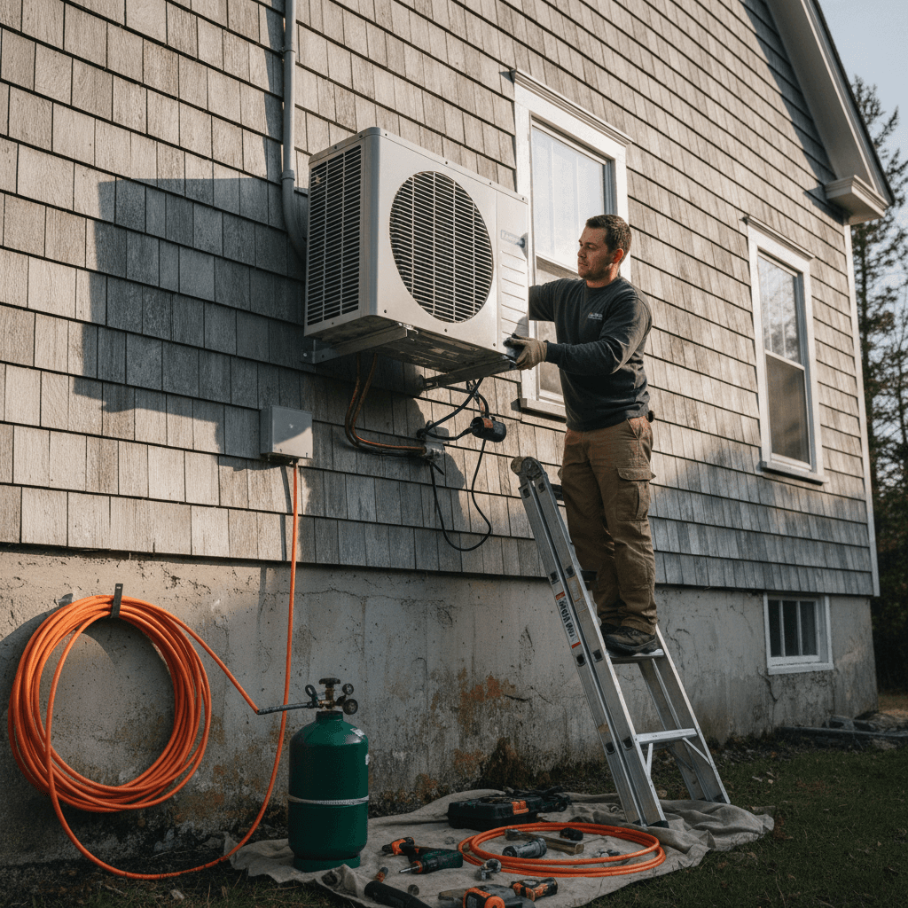 Heat pump installation on home exterior