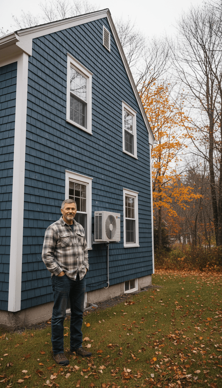 Homeowner standing in front of their Maine home with a newly installed heat pump unit