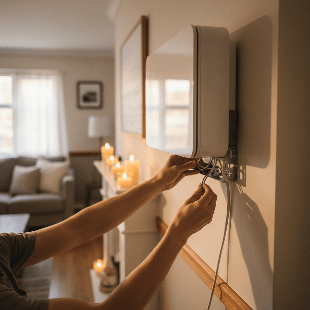 Technician installing a modern heat pump unit on a residential interior wall